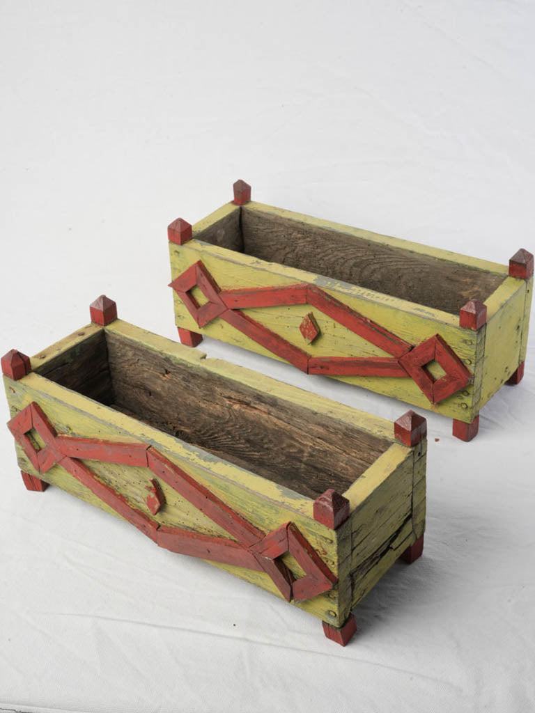 Pair of Cheerful 1940s Painted Wooden Planters in Chartreuse and Red - 15¾"