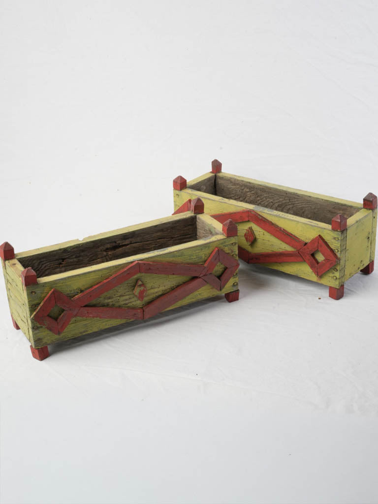Pair of Cheerful 1940s Painted Wooden Planters in Chartreuse and Red - 15¾"
