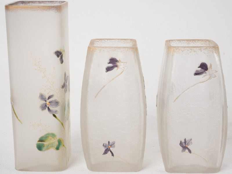 3 Pâte de verre vases w/ Violets 6¾"