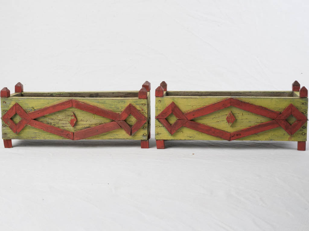 Pair of Cheerful 1940s Painted Wooden Planters in Chartreuse and Red - 15¾"