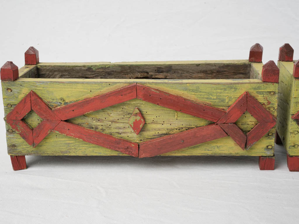 Pair of Cheerful 1940s Painted Wooden Planters in Chartreuse and Red - 15¾"