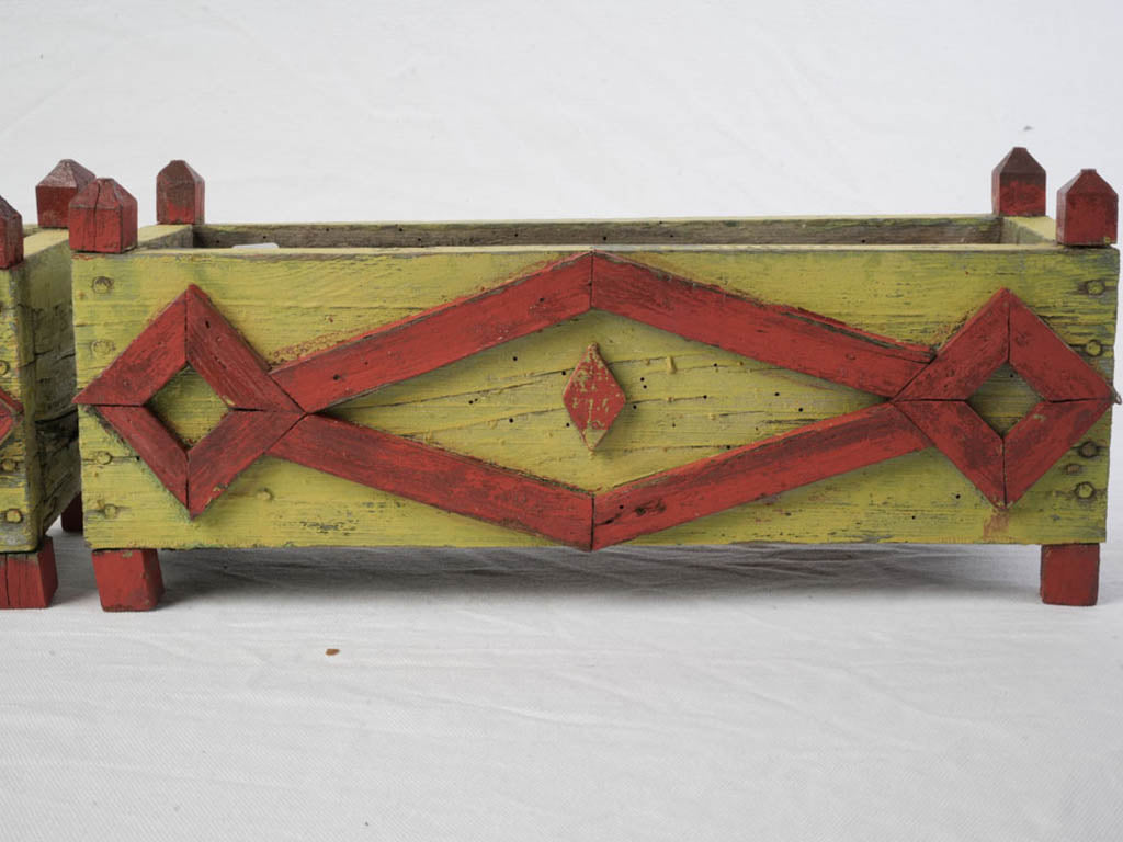 Pair of Cheerful 1940s Painted Wooden Planters in Chartreuse and Red - 15¾"