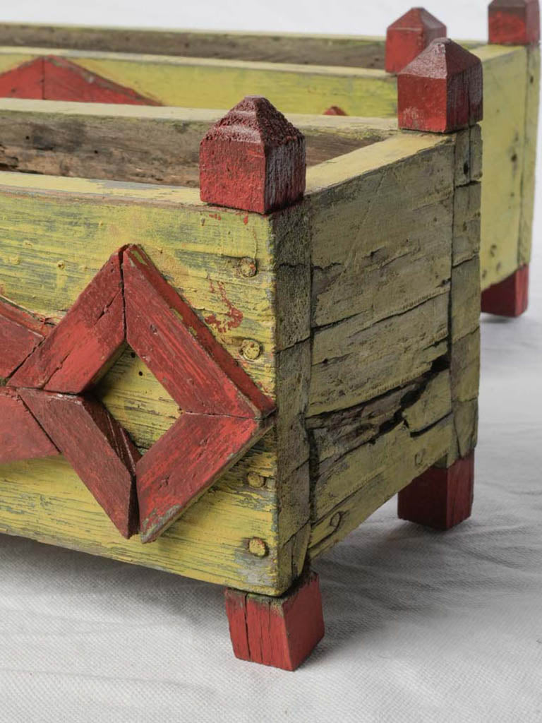 Pair of Cheerful 1940s Painted Wooden Planters in Chartreuse and Red - 15¾"