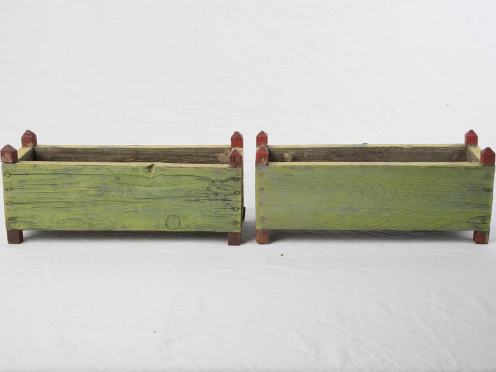 Pair of Cheerful 1940s Painted Wooden Planters in Chartreuse and Red - 15¾"