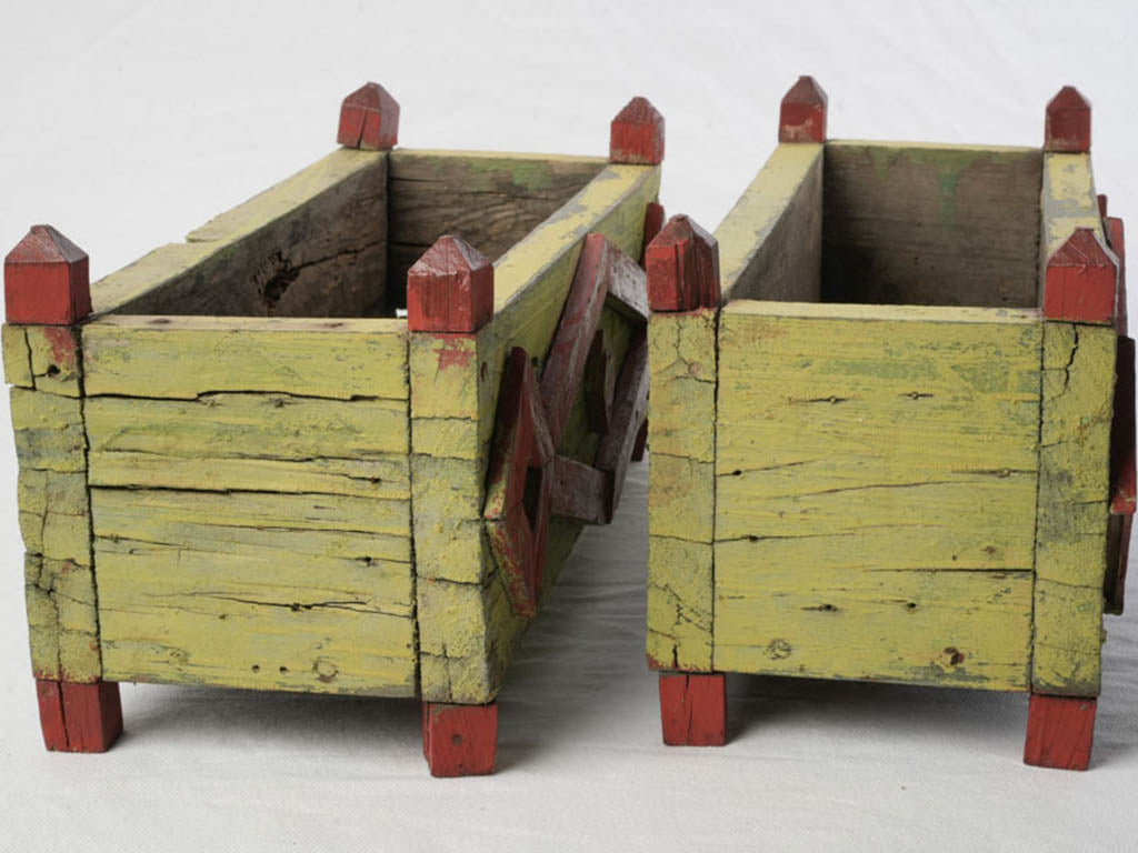 Pair of Cheerful 1940s Painted Wooden Planters in Chartreuse and Red - 15¾"