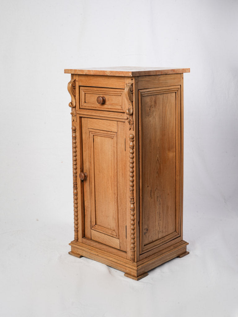 French Oak Bedside Cabinet w/ Carved Details and Rosé Marble Top - 34¼"