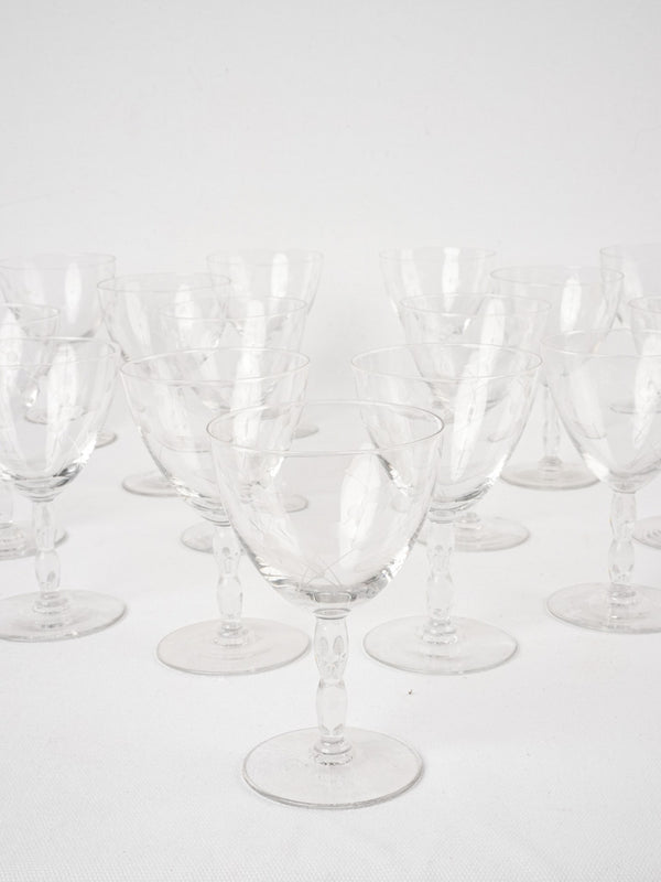 14 antique wine glasses w/ etched flowers