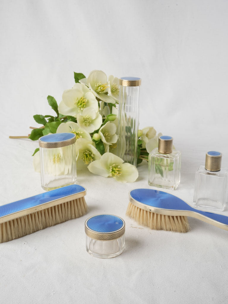 Elegant French Art Deco Seven-Piece Silver Vanity Set Circa 1920