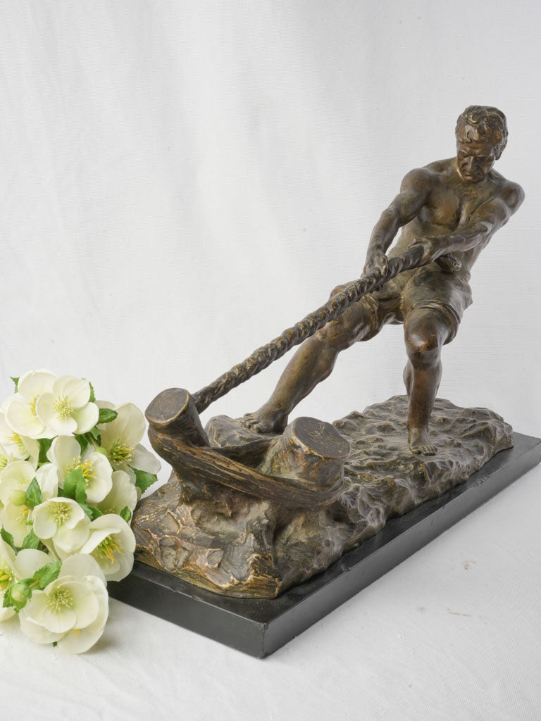 Powerful Bronze of Dockworker Hauling Mooring Line by Alexandre Ouline c. 1925 - 16¼" x 24"