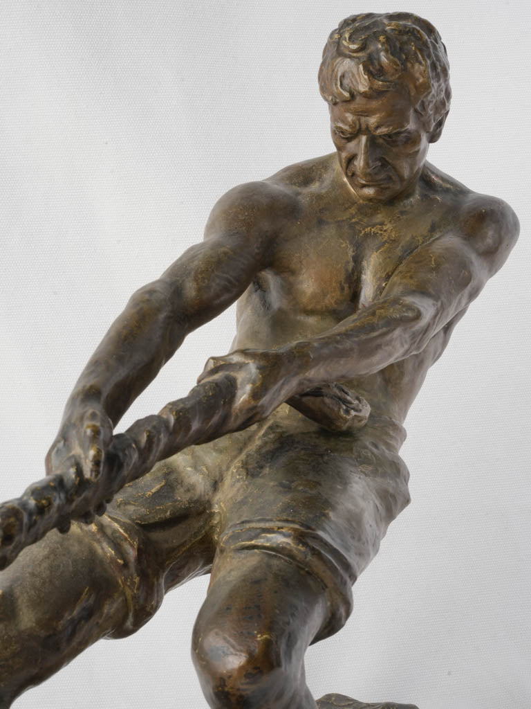 Powerful Bronze of Dockworker Hauling Mooring Line by Alexandre Ouline c. 1925 - 16¼" x 24"