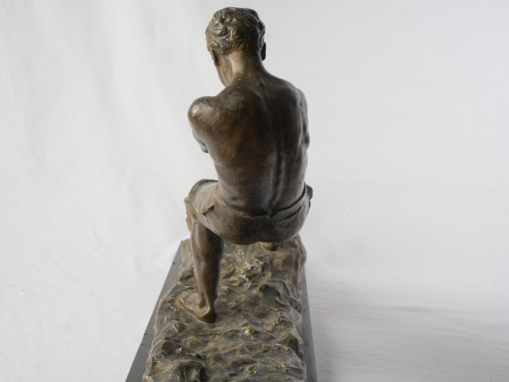 Powerful Bronze of Dockworker Hauling Mooring Line by Alexandre Ouline c. 1925 - 16¼" x 24"
