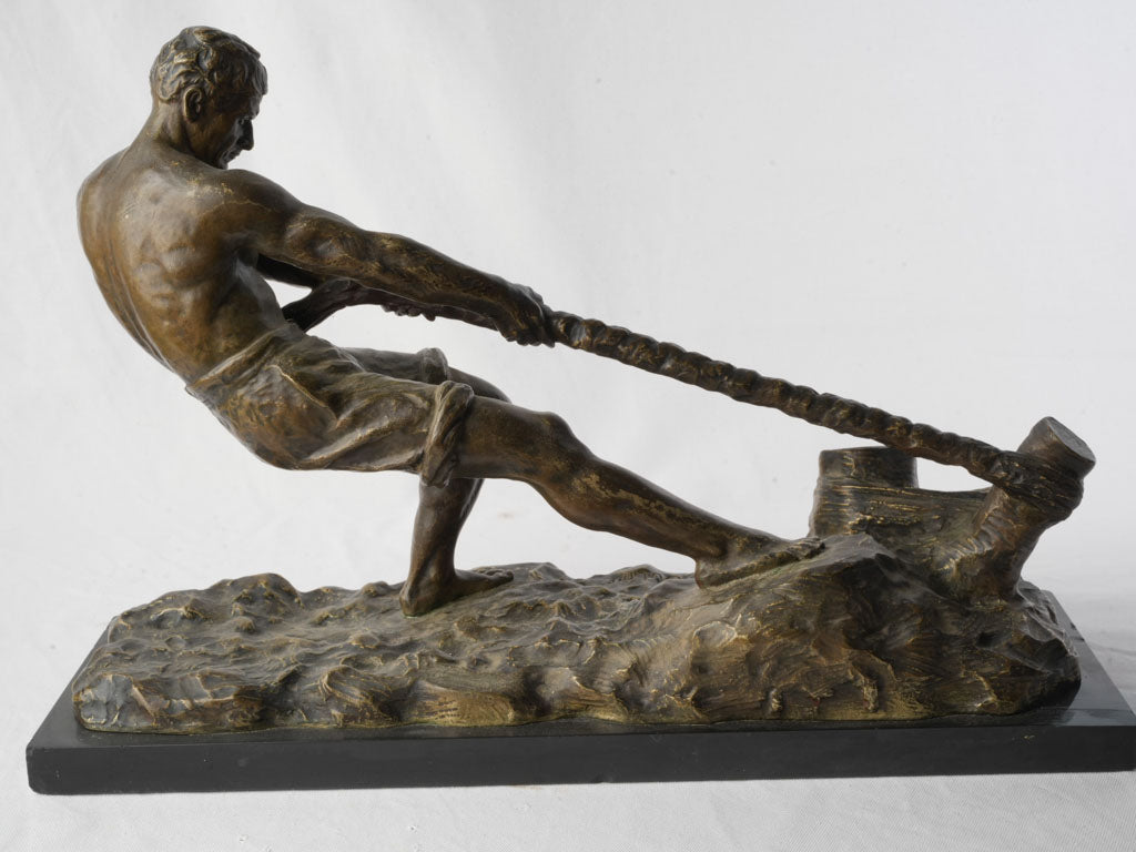 Powerful Bronze of Dockworker Hauling Mooring Line by Alexandre Ouline c. 1925 - 16¼" x 24"