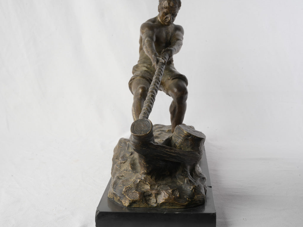 Powerful Bronze of Dockworker Hauling Mooring Line by Alexandre Ouline c. 1925 - 16¼" x 24"