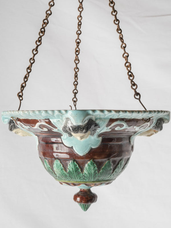 Antique French glazed ceramic hanging jardiniere