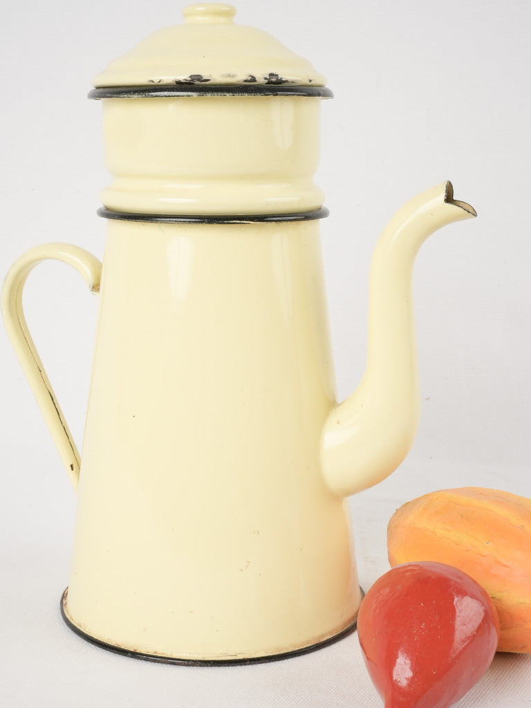 Antique French enamelware coffee pot - pale buttermilk yellow 11½"