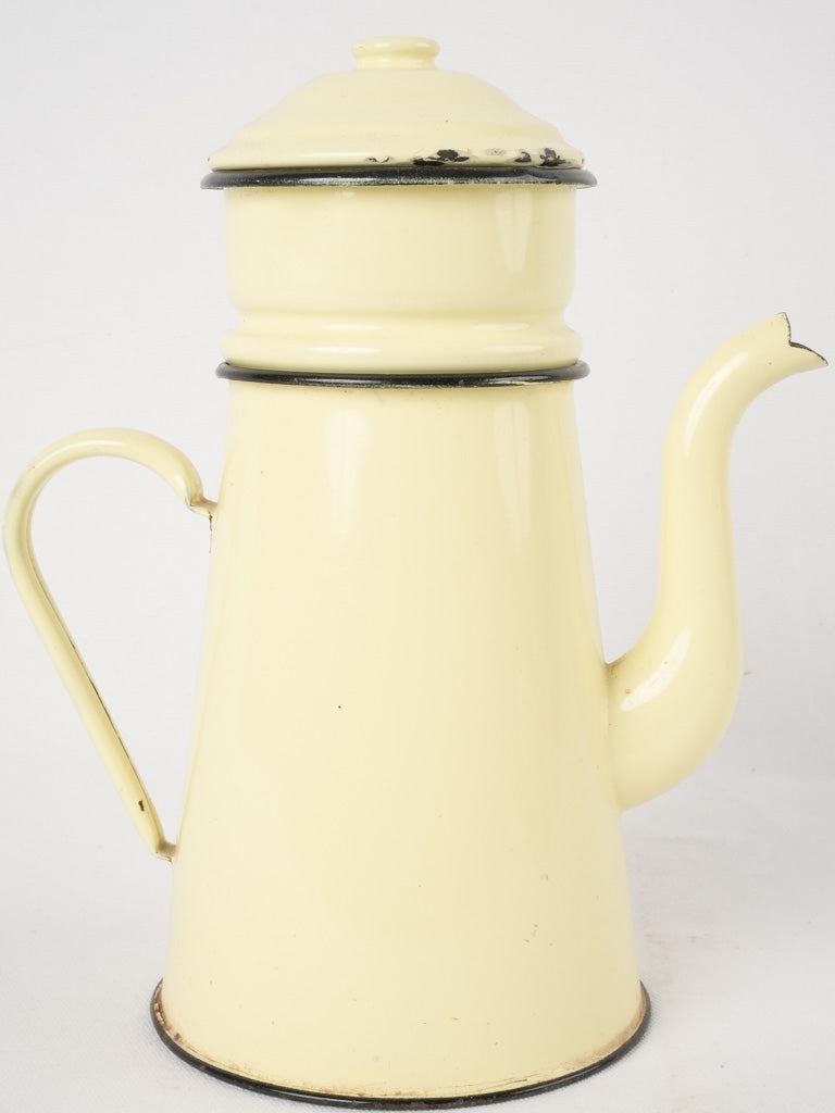 Antique French enamelware coffee pot - pale buttermilk yellow 11½"