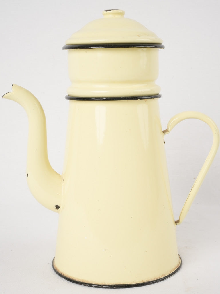Antique French enamelware coffee pot - pale buttermilk yellow 11½"