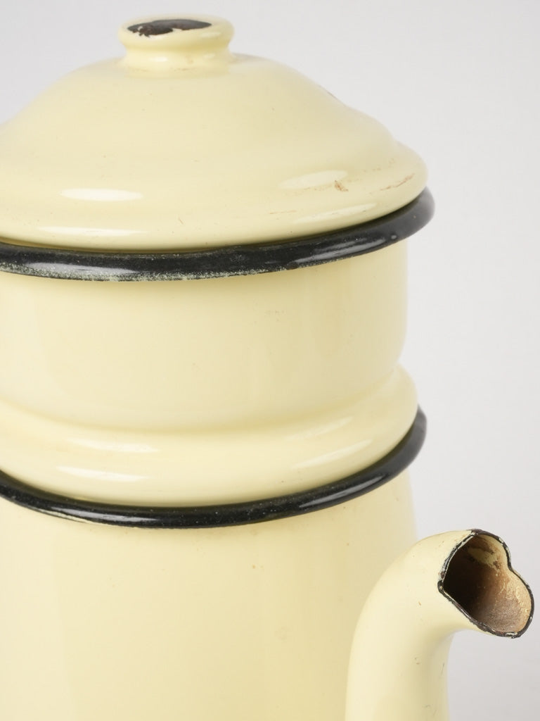 Antique French enamelware coffee pot - pale buttermilk yellow 11½"