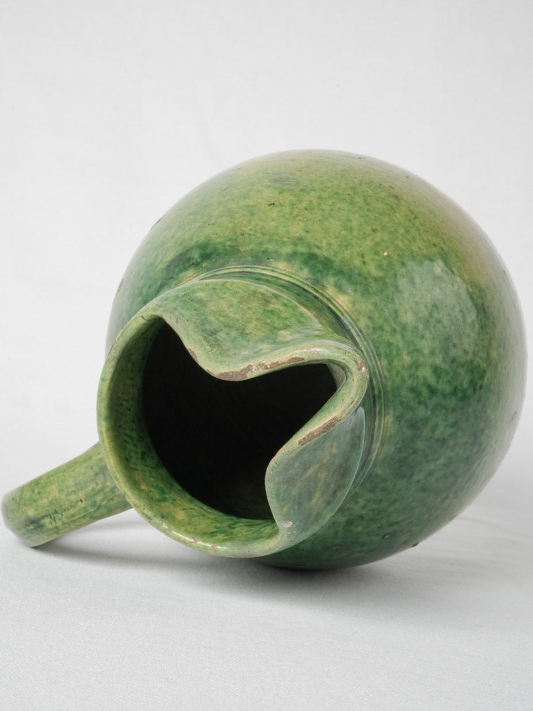 Vintage French terracotta mottled green glazed pitcher