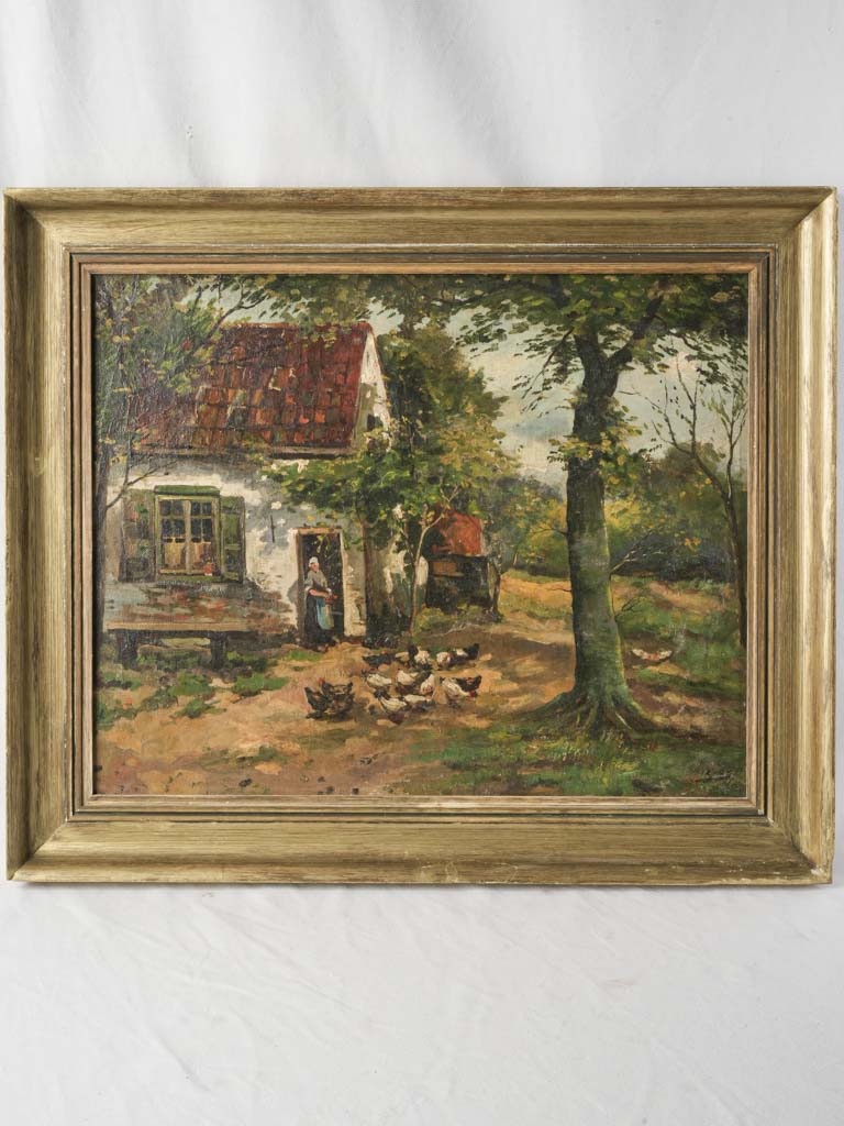 Late 19th century French Pastoral Landscape w/ Farmhouse and Chickens - 24½" x 29¼"