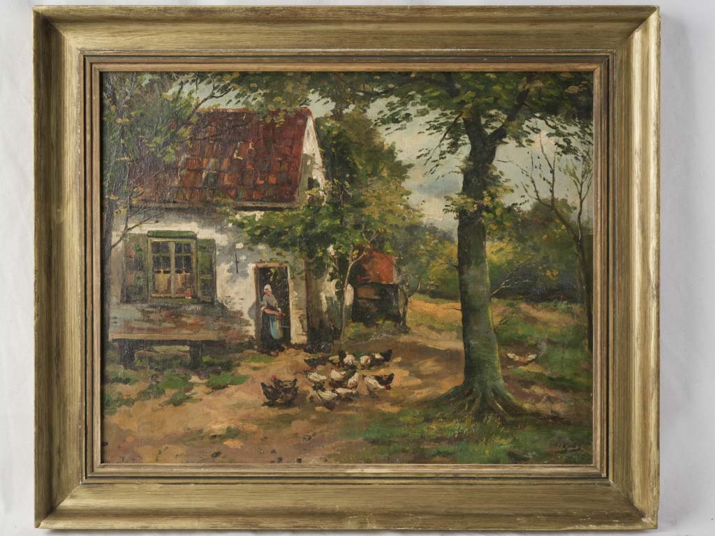 Late 19th century French Pastoral Landscape w/ Farmhouse and Chickens - 24½" x 29¼"