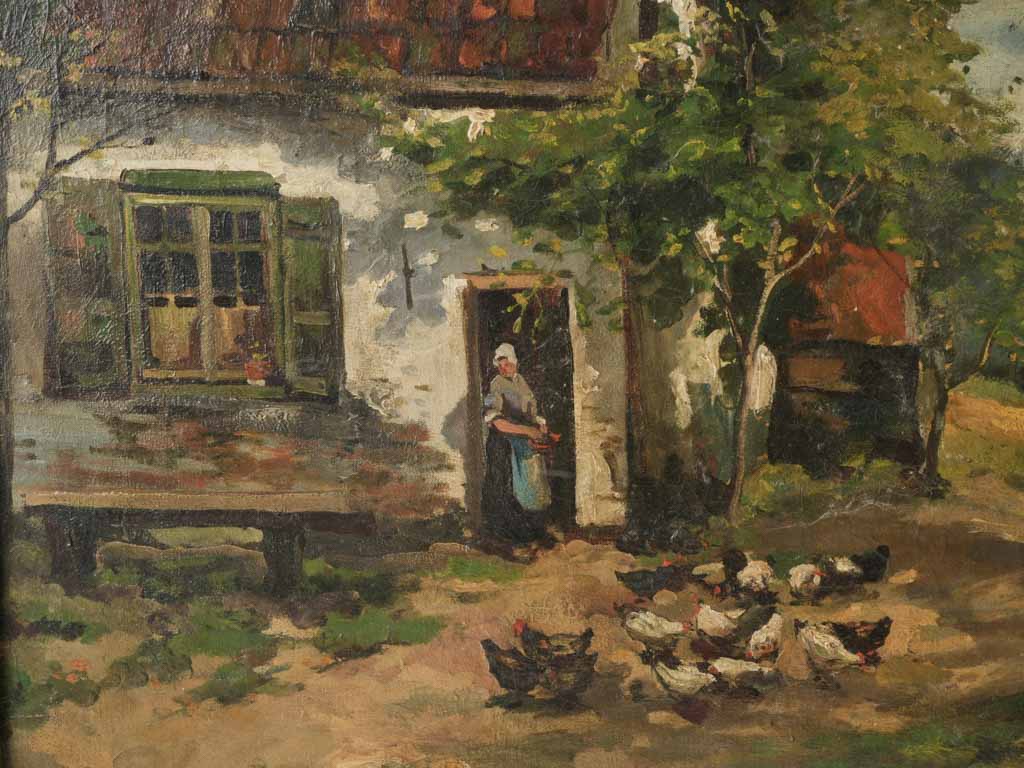 Late 19th century French Pastoral Landscape w/ Farmhouse and Chickens - 24½" x 29¼"
