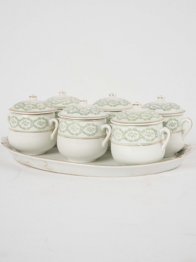 6 antique French porcelain cream pots on tray 3¼"