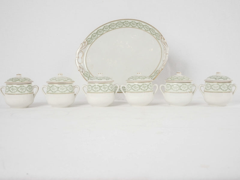 6 antique French porcelain cream pots on tray 3¼"