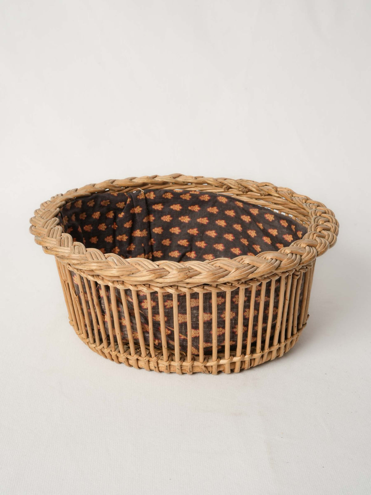 Vintage French Wicker Bread Basket with Patterned Cotton Lining 11¾"