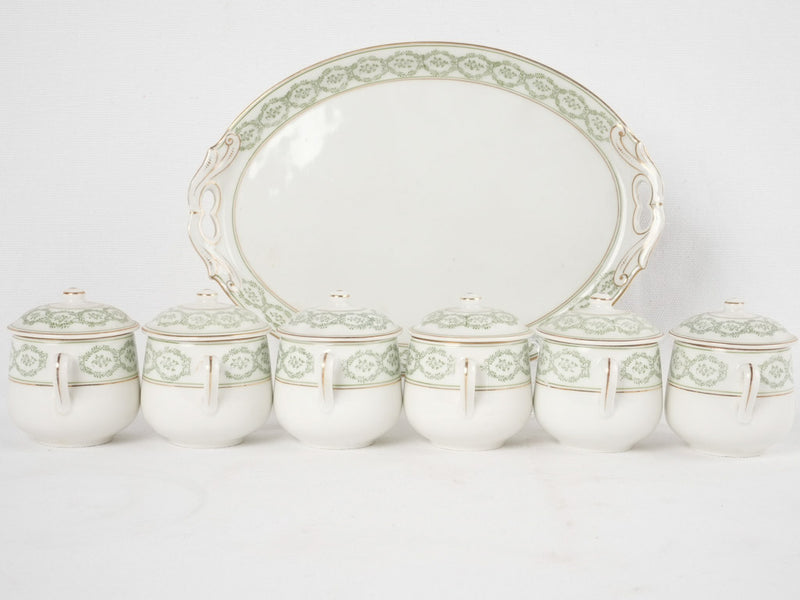 6 antique French porcelain cream pots on tray 3¼"