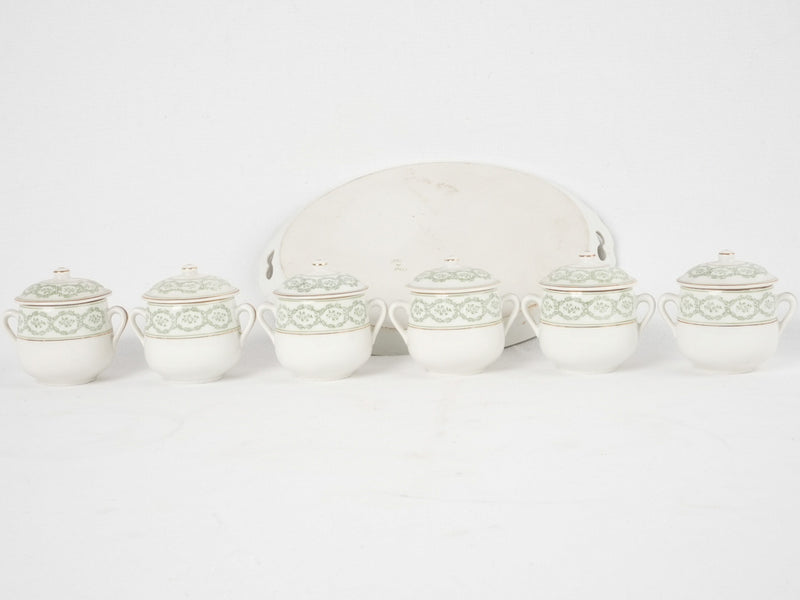6 antique French porcelain cream pots on tray 3¼"