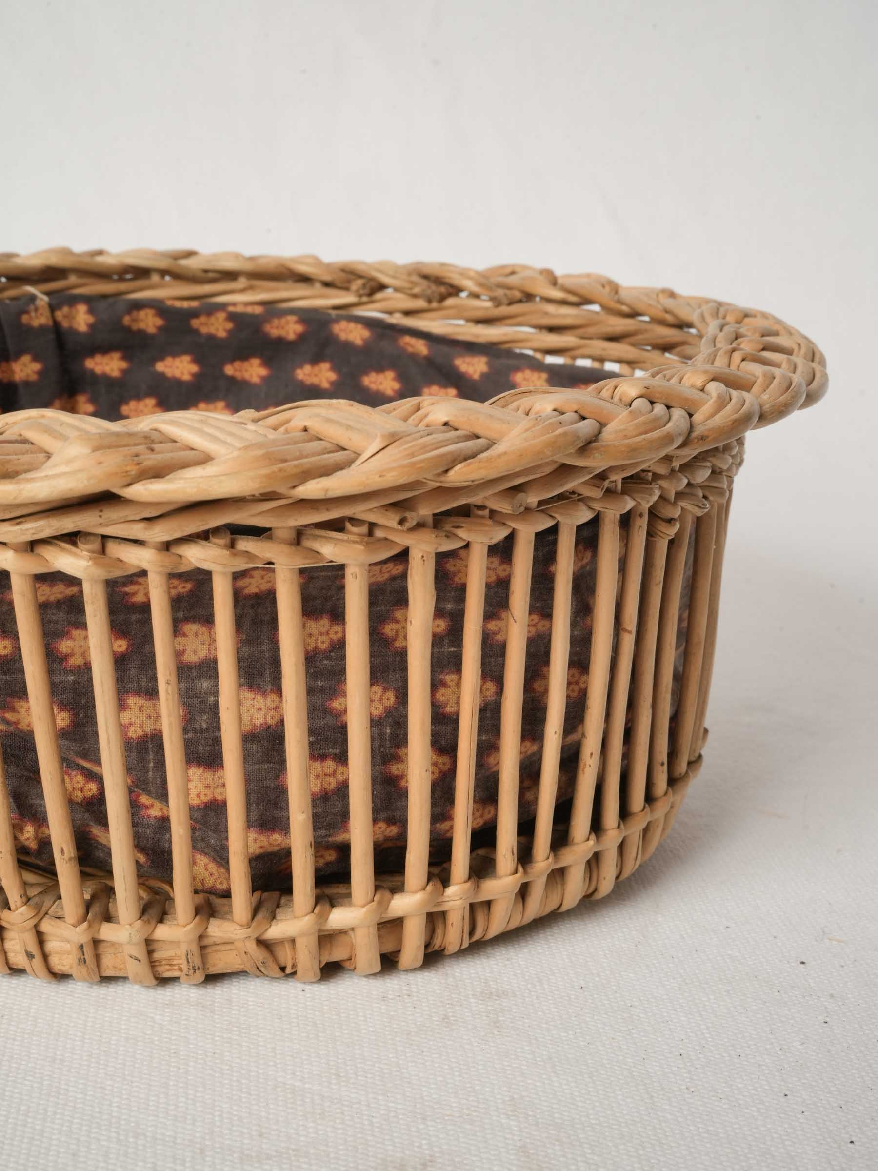 Vintage French Wicker Bread Basket with Patterned Cotton Lining 11¾"