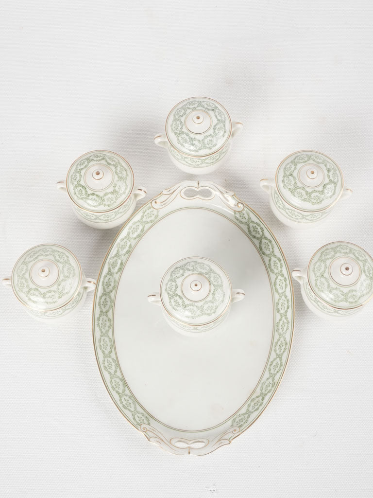 6 antique French porcelain cream pots on tray 3¼"