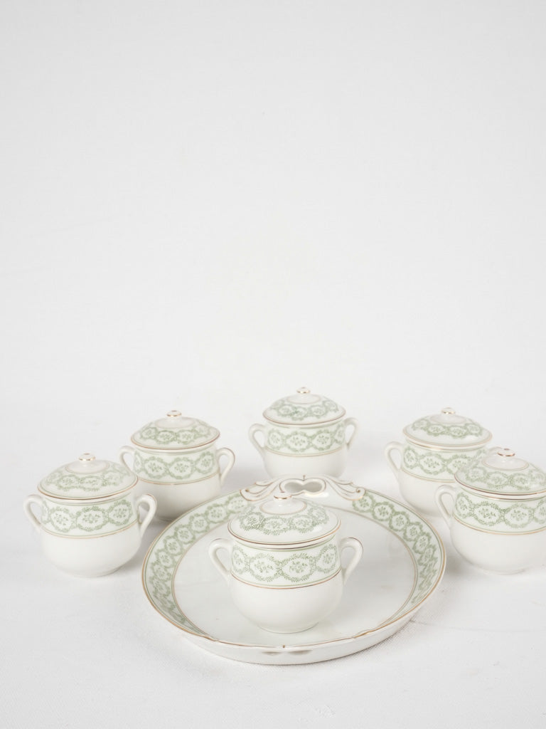6 antique French porcelain cream pots on tray 3¼"