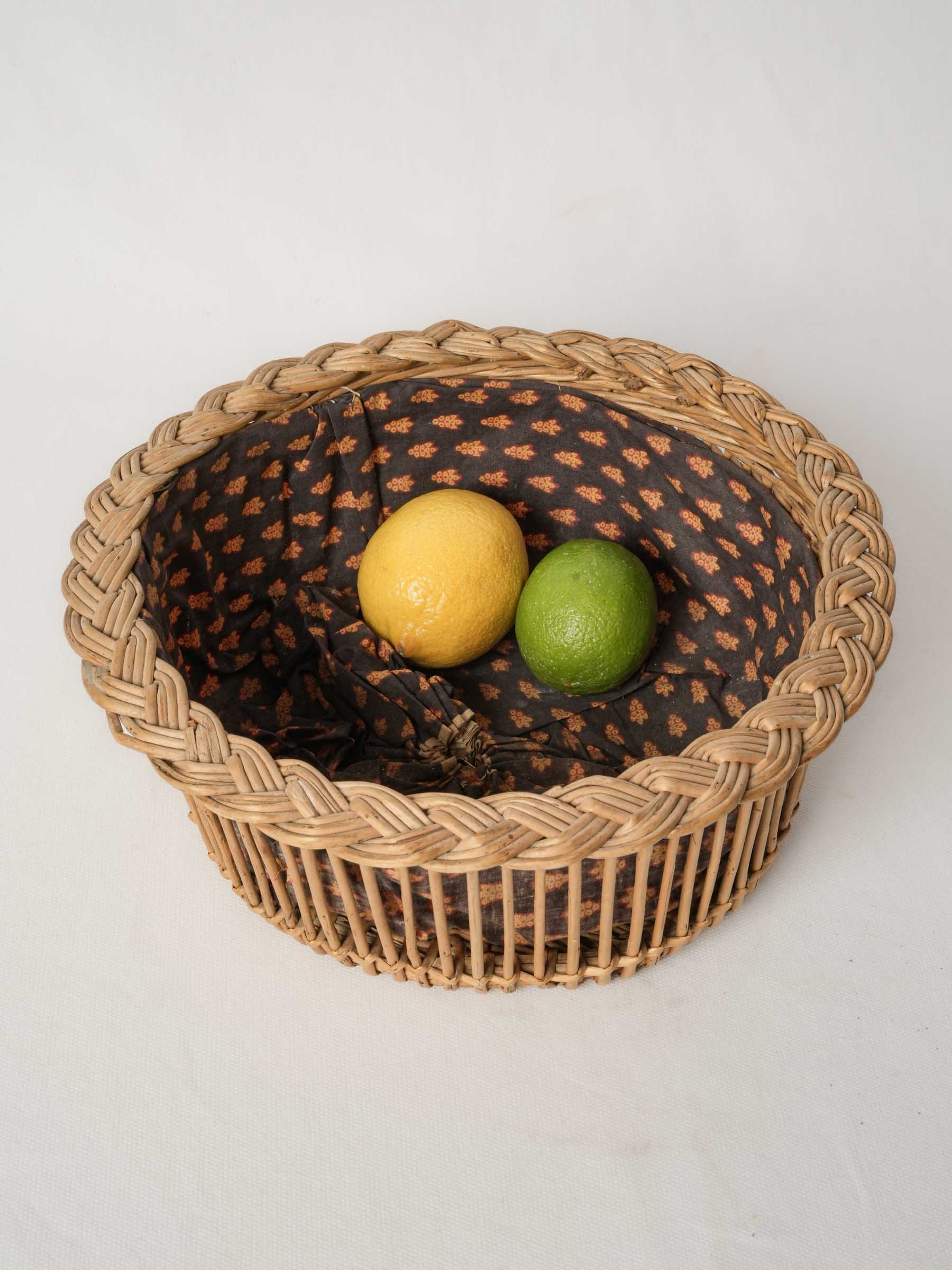 Vintage French Wicker Bread Basket with Patterned Cotton Lining 11¾"