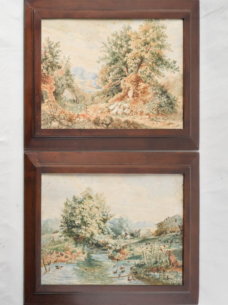 Handsome Pair of 19th Century French Landscape Watercolors in Wooden Frames Dated 1840 - 17" x 22"