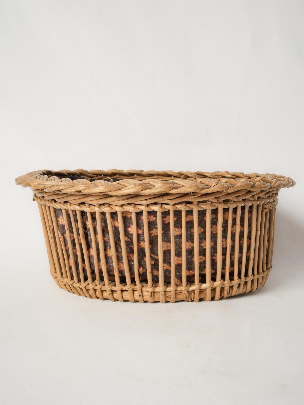 Vintage French Wicker Bread Basket with Patterned Cotton Lining 11¾"