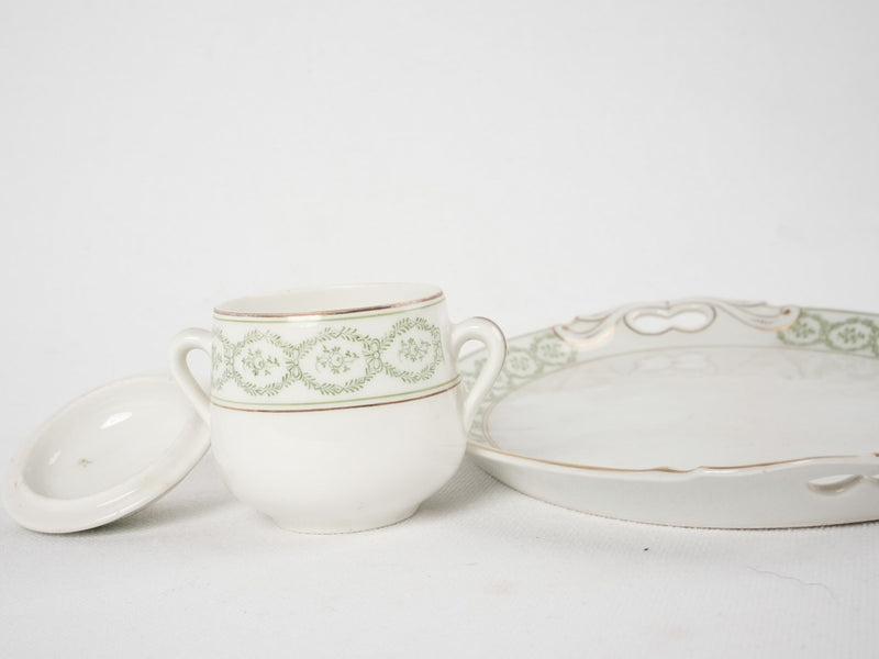 6 antique French porcelain cream pots on tray 3¼"