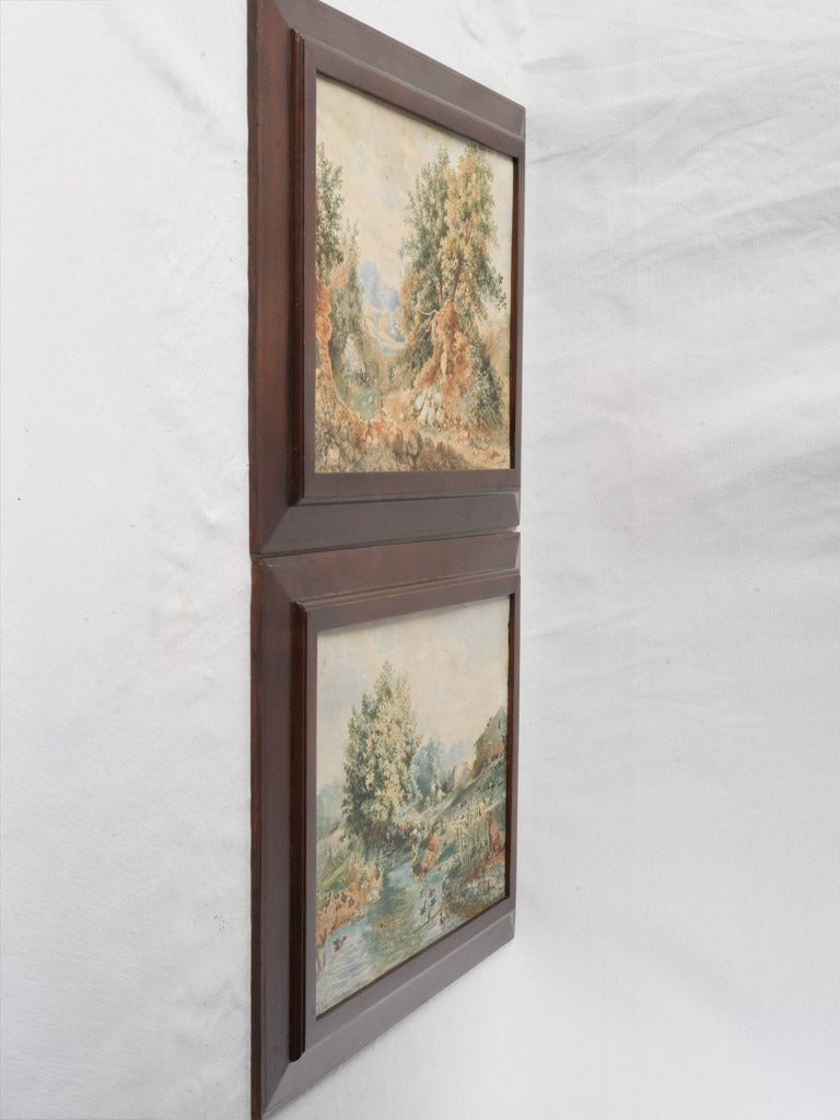 Handsome Pair of 19th Century French Landscape Watercolors in Wooden Frames Dated 1840 - 17" x 22"