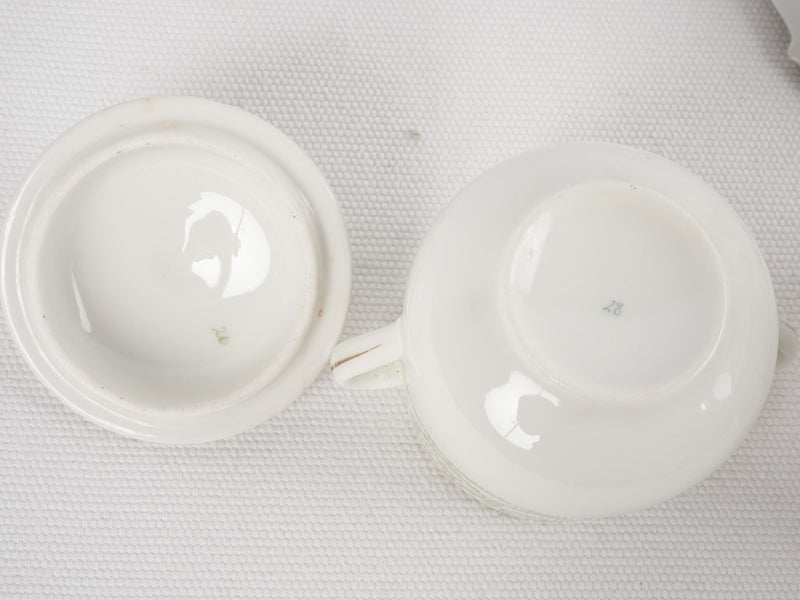 6 antique French porcelain cream pots on tray 3¼"