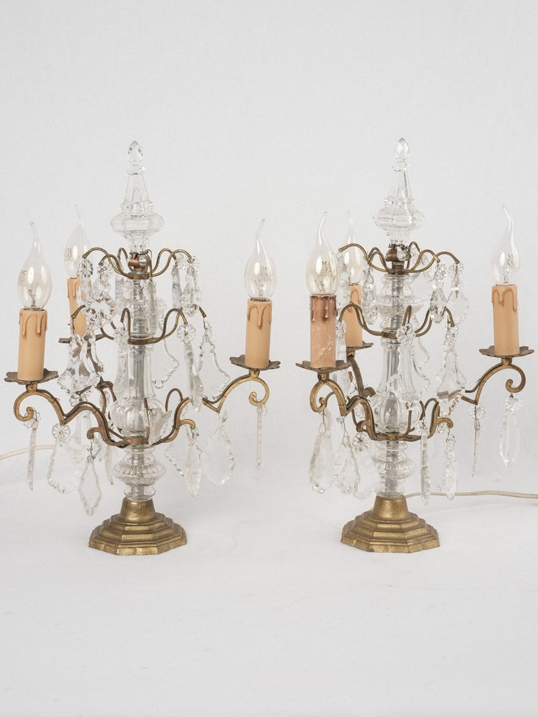 Antique French crystal girandole table lamps