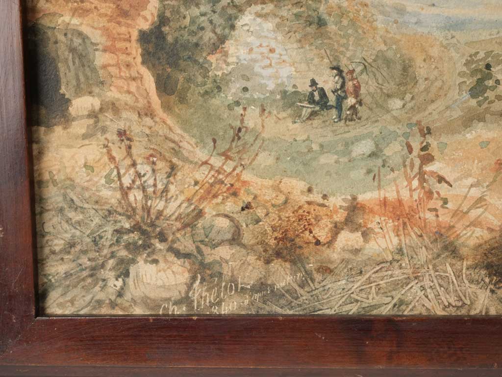 Handsome Pair of 19th Century French Landscape Watercolors in Wooden Frames Dated 1840 - 17" x 22"