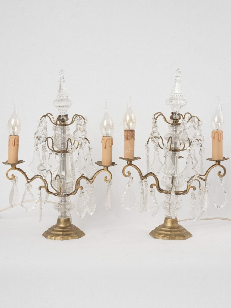 Pair of antique French table lamps w/ crystals 17¾"