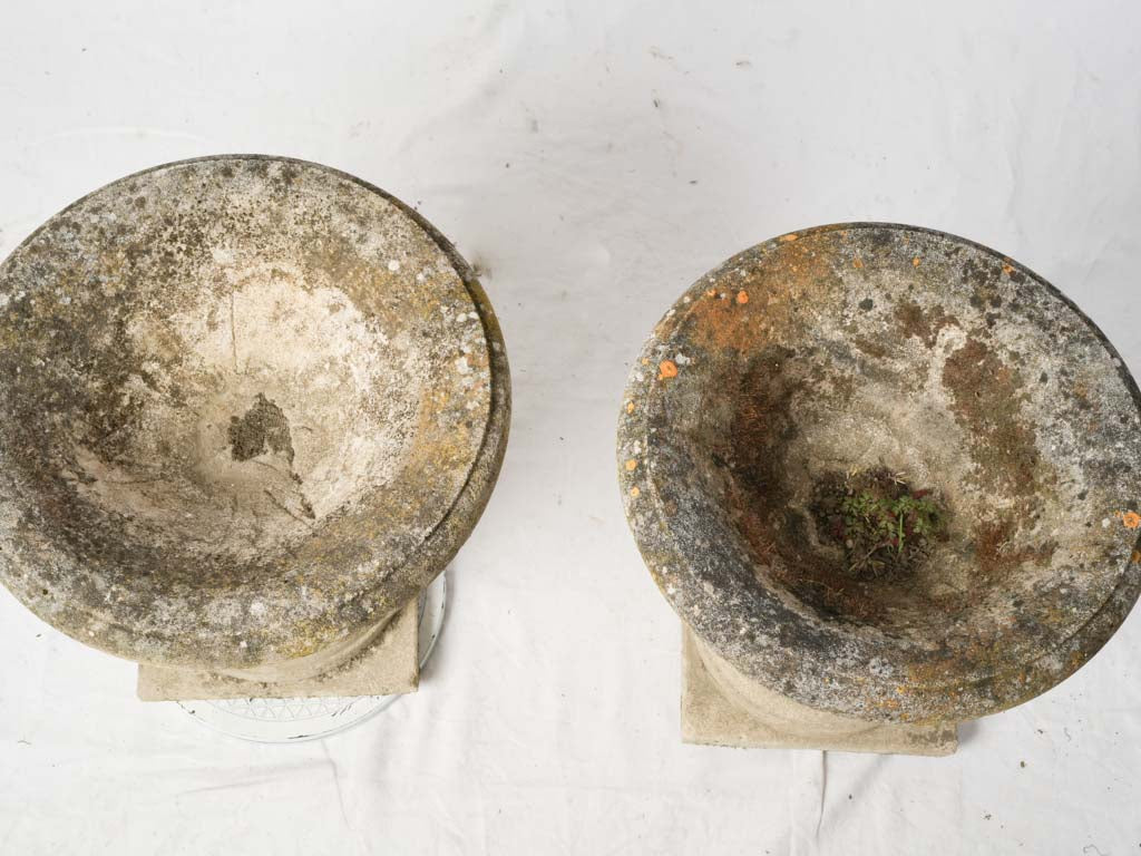 Moss-covered provincial garden urns