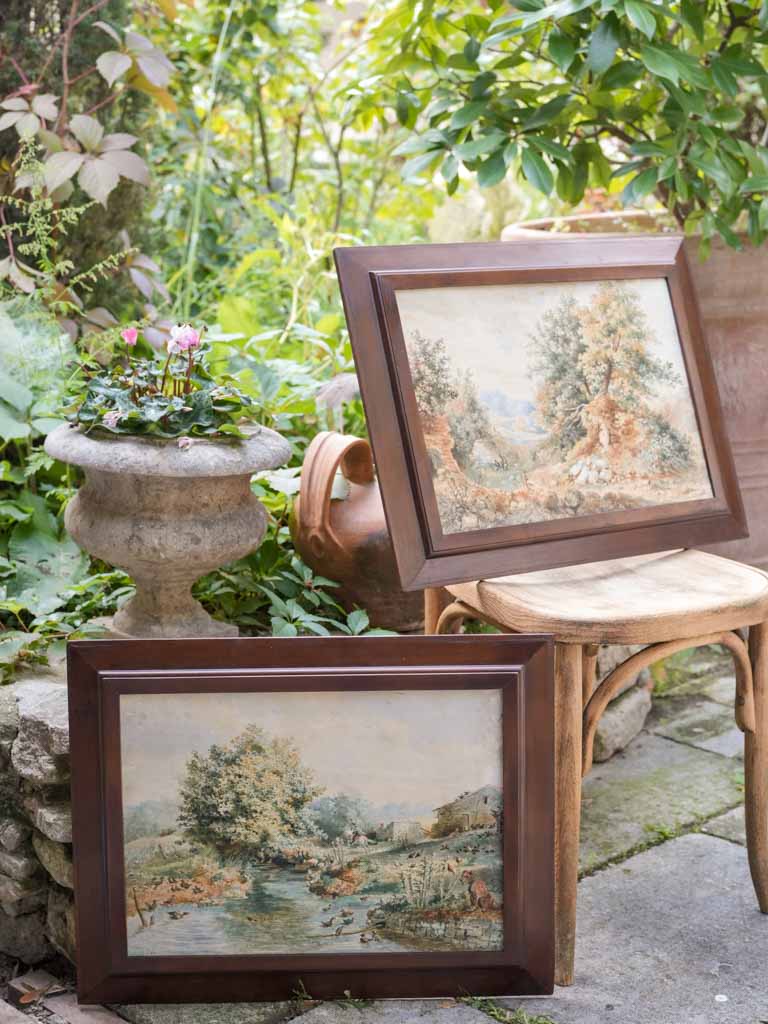 Handsome Pair of 19th Century French Landscape Watercolors in Wooden Frames Dated 1840 - 17" x 22"