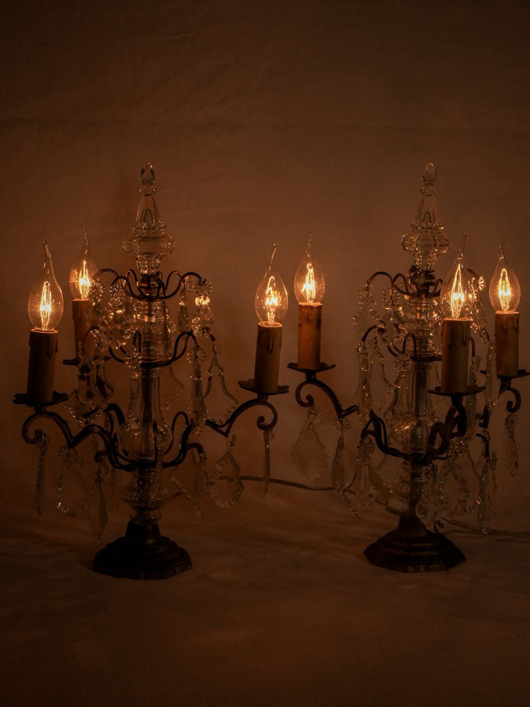Pair of antique French table lamps w/ crystals 17¾"