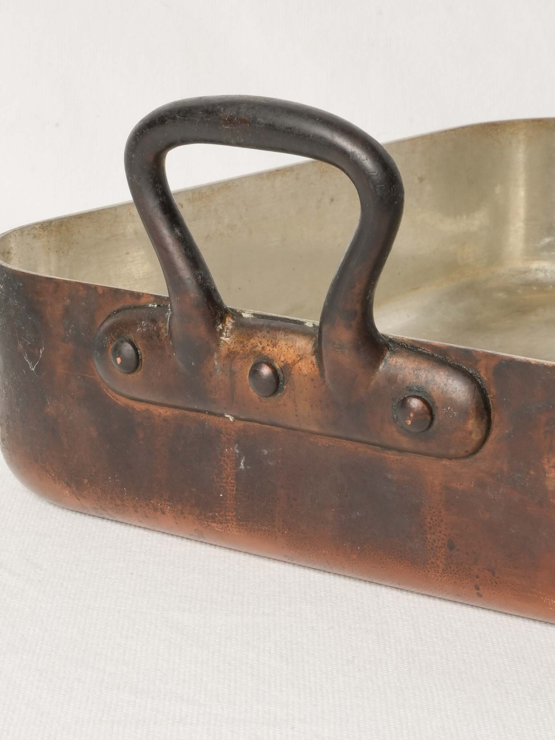 Large Vintage French Copper Roasting Pan with Iron Handles