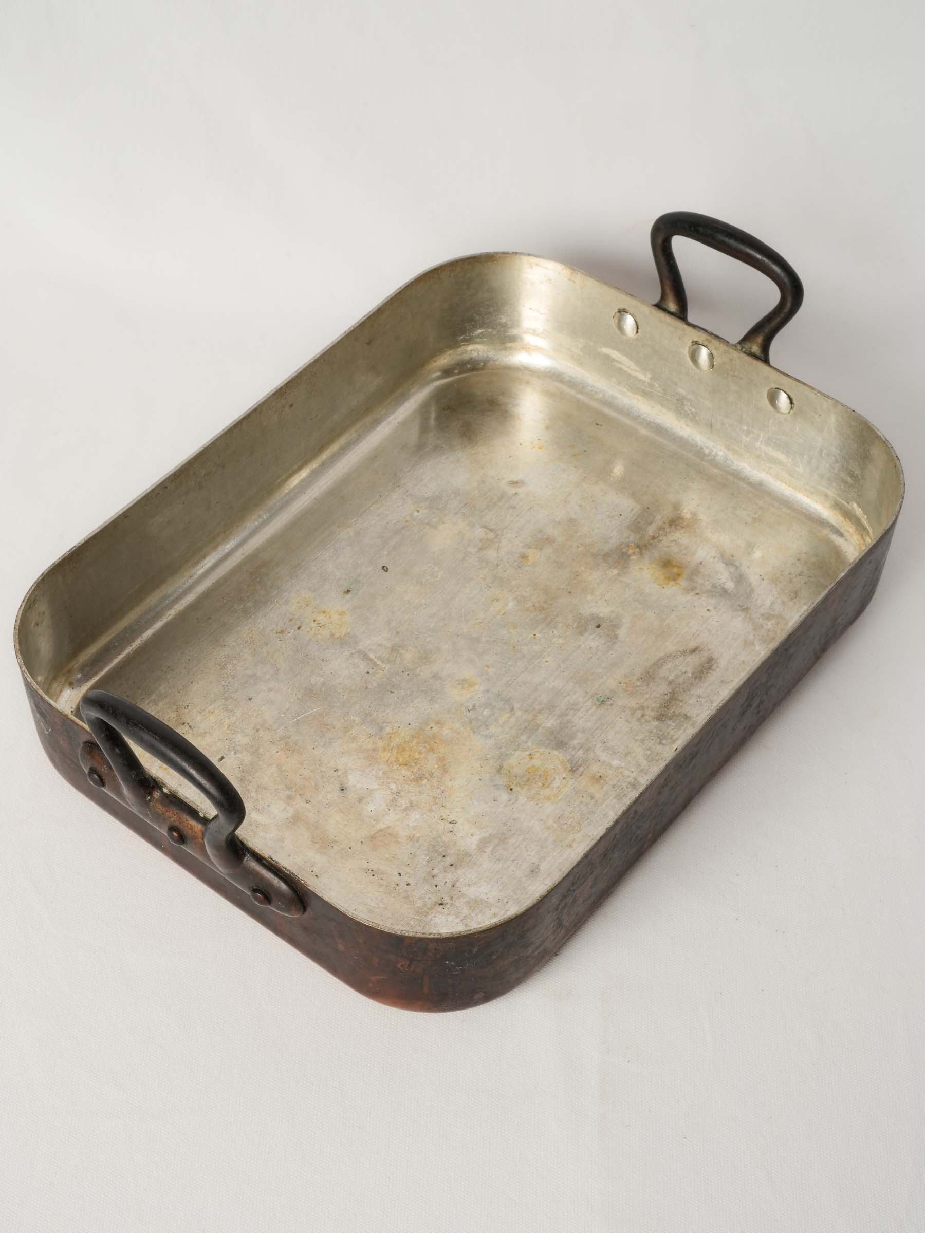 Large Vintage French Copper Roasting Pan with Iron Handles