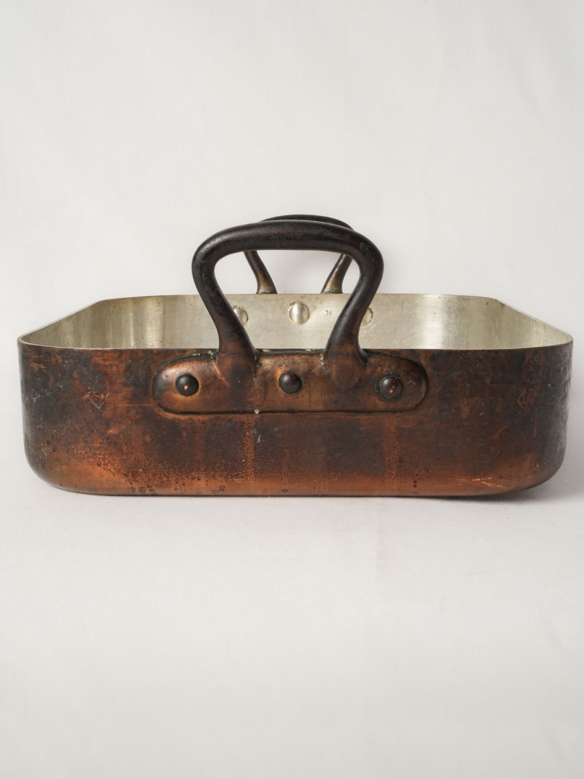 Large Vintage French Copper Roasting Pan with Iron Handles