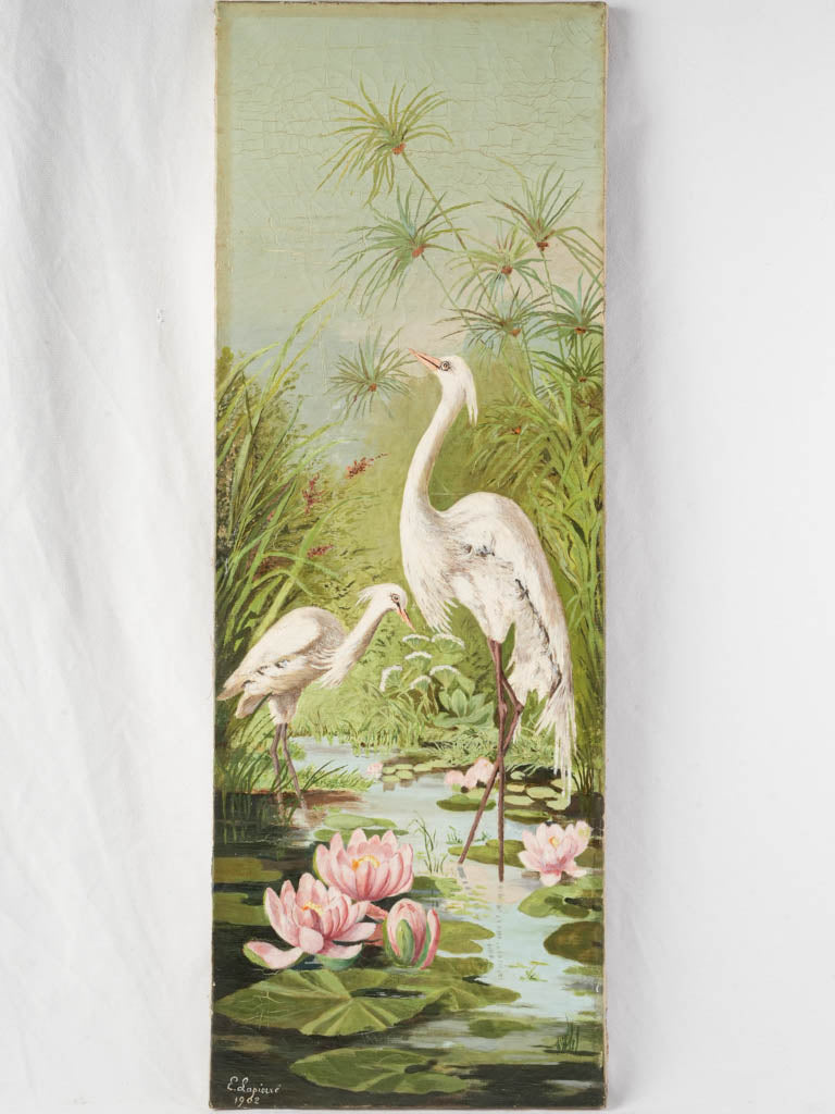 Tall French Decorative Panel w/ Herons and Waterlilies Dated 1902 - 36½" x 13"